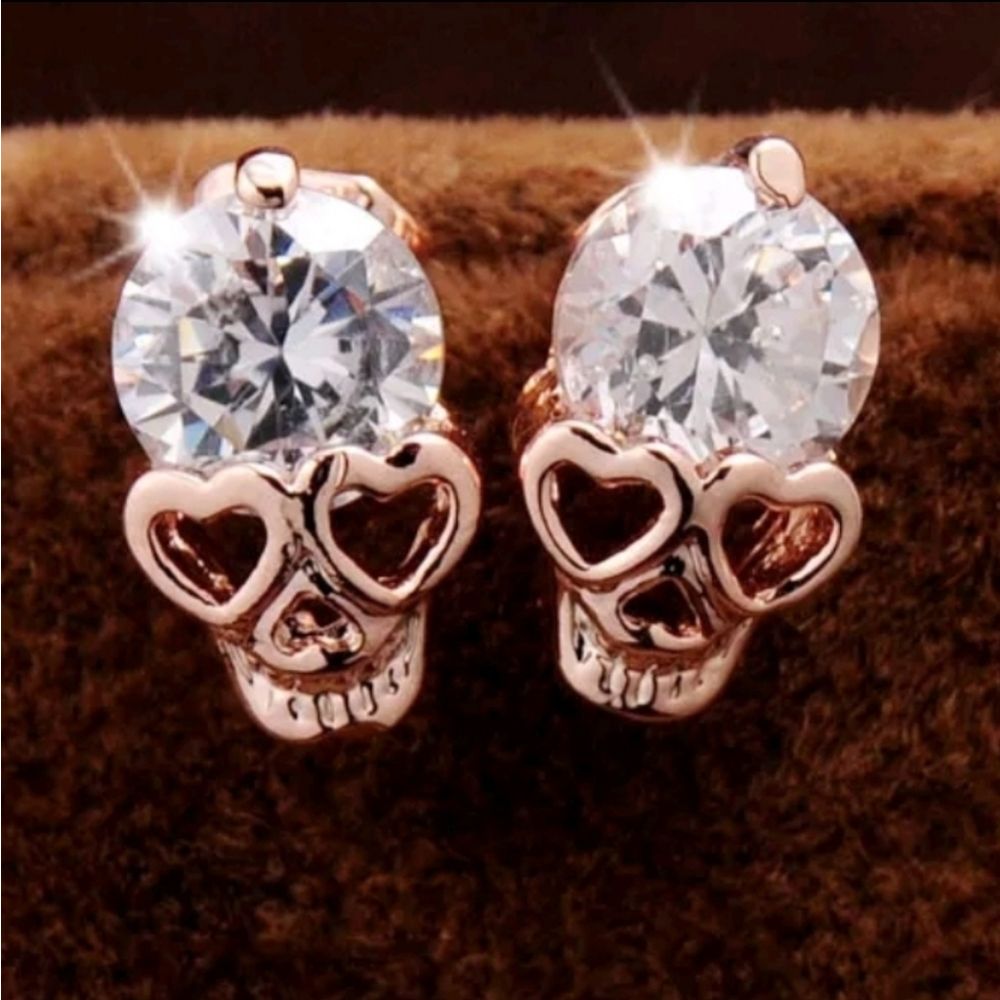 Sale Rose Gold Skull W Crystal Wearing Sunglasses StudPost Earrings 18$